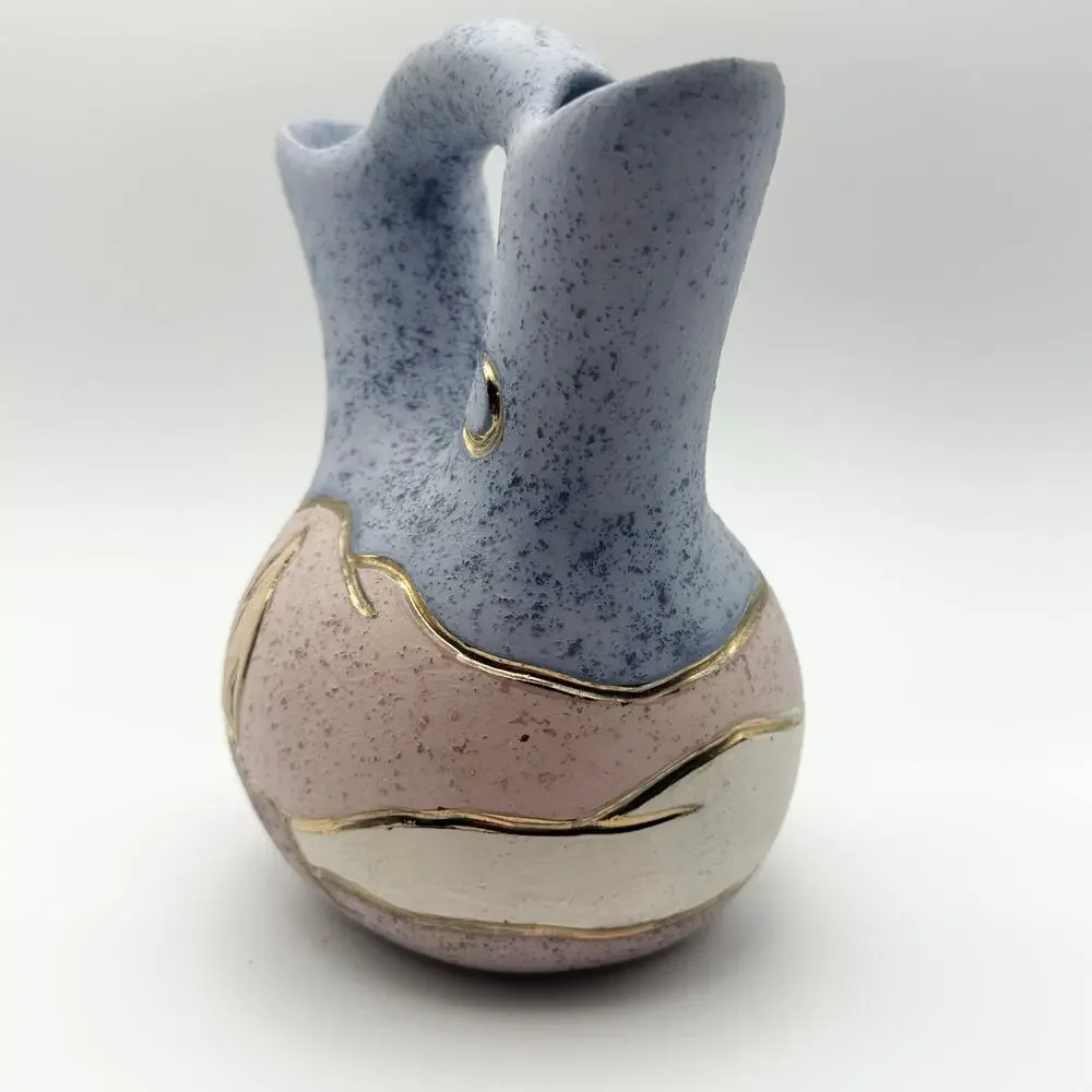 Vintage Native American Double Wedding Vase Blue Pink Wolf Howl Moon Marked 6”
